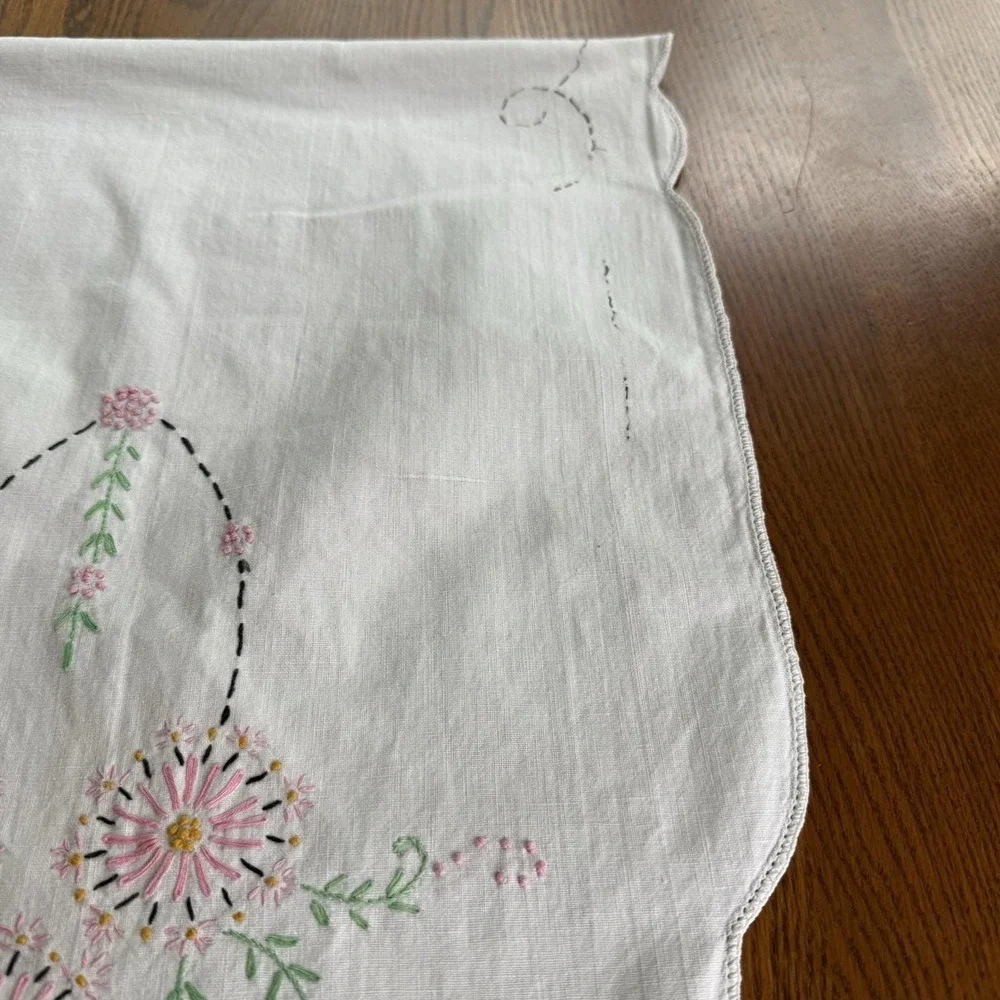 Vtg Embroidered Crochet Dresser Scarf Table Runner Flower Floral 40